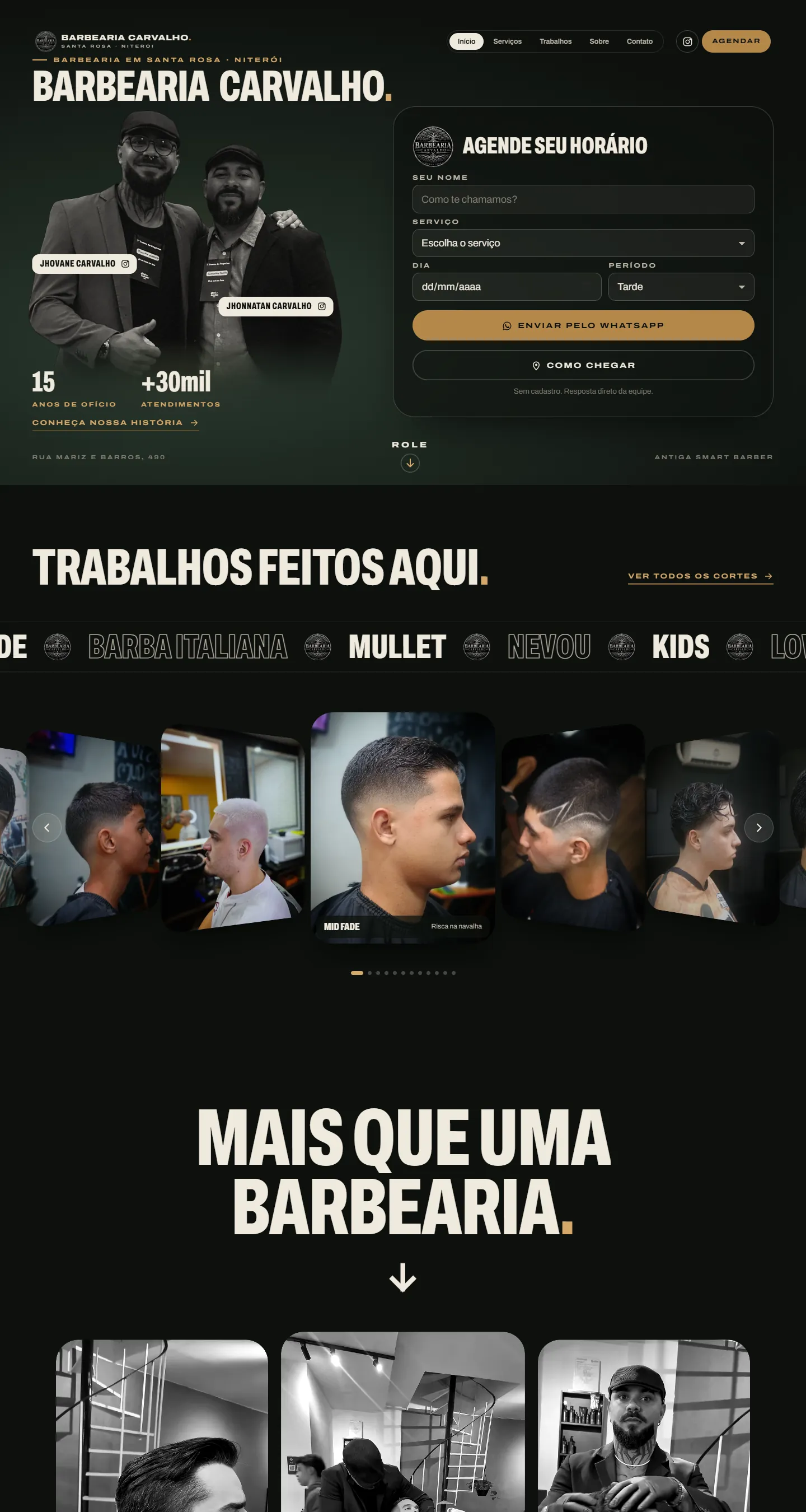 Página inicial da Barbearia Carvalho no computador: os dois fundadores em preto e branco, o formulário de agendamento ao lado e, logo abaixo, a galeria de cortes.