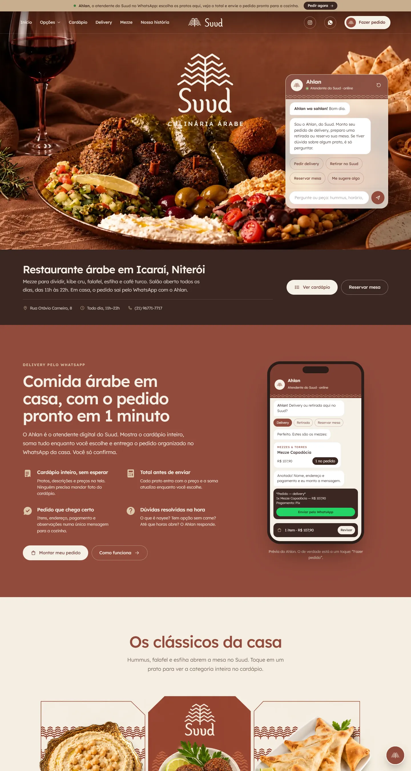 Página inicial do Suud no computador: a mesa de mezze em foto grande com o logo, o atendente Ahlan aberto ao lado com os atalhos de pedir delivery, retirar e reservar mesa, e logo abaixo a seção de delivery pelo WhatsApp.